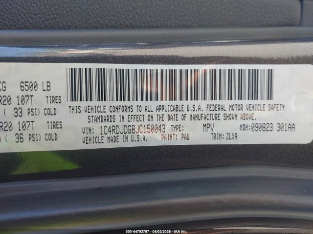 1C4RDJDG8JC150043 Dodge Durango Gt Awd