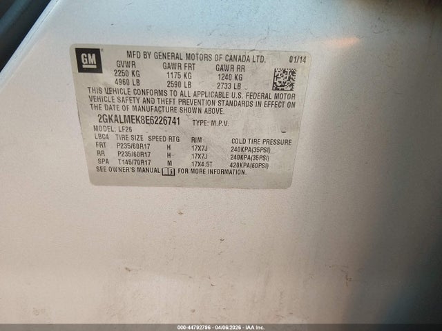 Aukcja sprzedaży 2014 Gmc Terrain Sle-1, vin: 2GKALMEK8E6226741, numer aukcji: 44792796