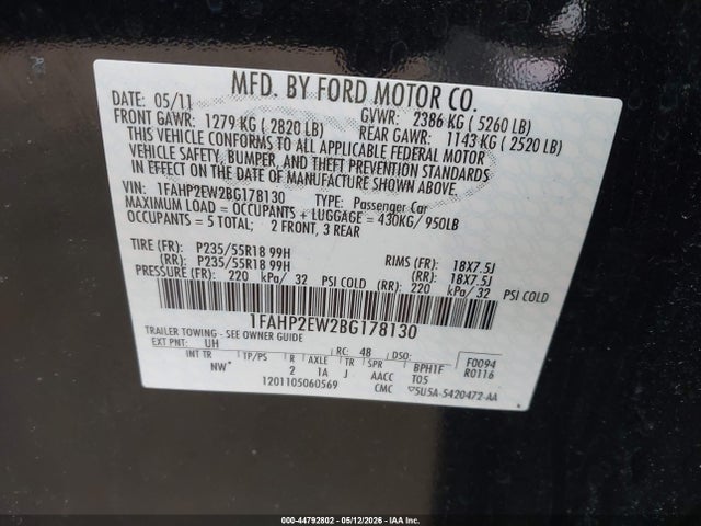 Продаж на аукціоні авто 2011 Ford Taurus Sel, vin: 1FAHP2EW2BG178130, номер лоту: 44792802