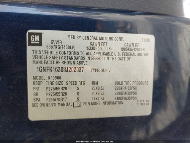44792803 :رقم المزاد ، 1GNFK16308J202037 vin ، 2008 Chevrolet Suburban 1500 Ltz مزاد بيع