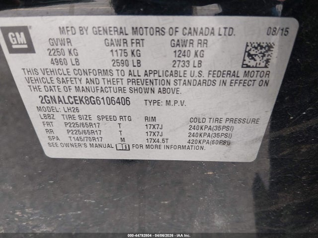 2016 Chevrolet Equinox Lt მანქანა იყიდება აუქციონზე, vin: 2GNALCEK8G6106406, აუქციონის ნომერი: 44792804