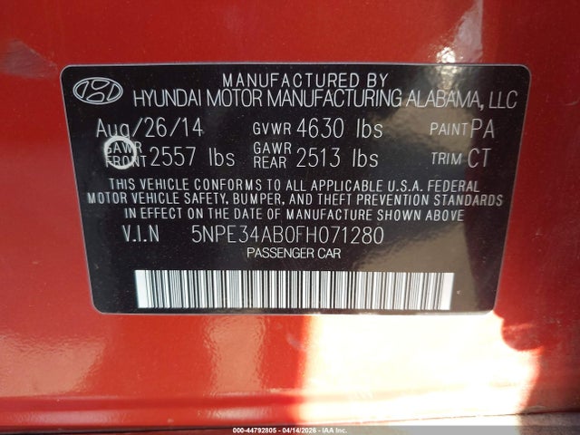 2015 Hyundai Sonata Sport 2.0t მანქანა იყიდება აუქციონზე, vin: 5NPE34AB0FH071280, აუქციონის ნომერი: 44792805