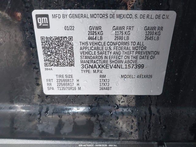 Продаж на аукціоні авто 2022 Chevrolet Equinox Fwd Lt, vin: 3GNAXKEV4NL157399, номер лоту: 44792822