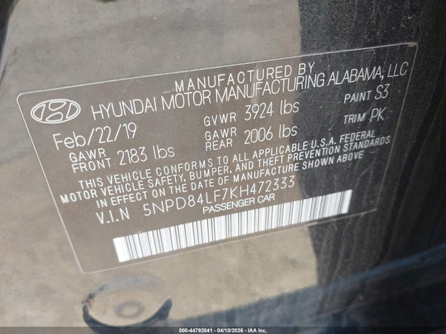 5NPD84LF7KH472333 Hyundai Elantra Limited