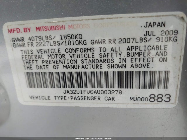 Продаж на аукціоні авто 2010 Mitsubishi Lancer De, vin: JA32U1FU6AU003278, номер лоту: 44792844