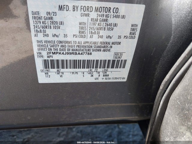 44792845 :رقم المزاد ، 2FMPK4J99RBA47788 vin ، 2024 Ford Edge Sel مزاد بيع