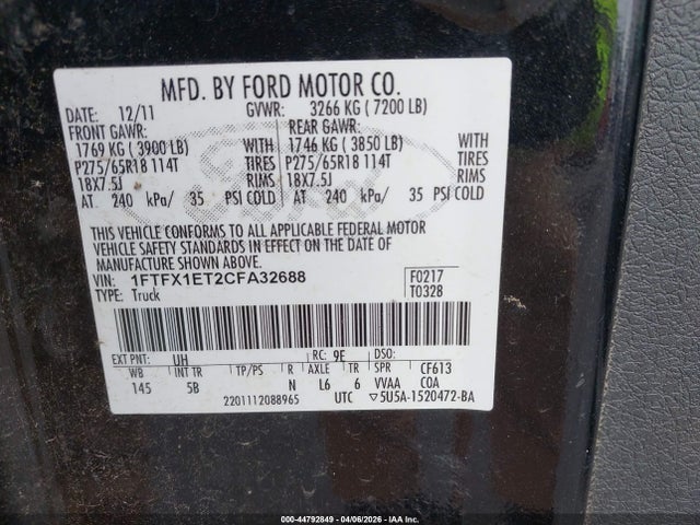Продаж на аукціоні авто 2012 Ford F-150 Fx4, vin: 1FTFX1ET2CFA32688, номер лоту: 44792849