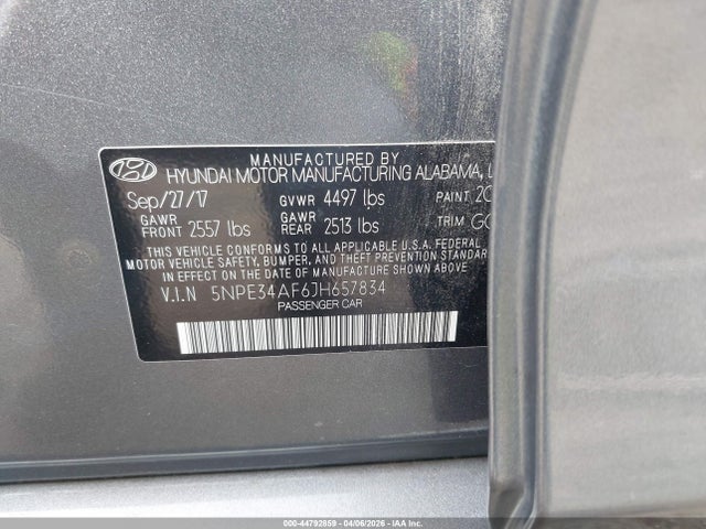 44792859 :رقم المزاد ، 5NPE34AF6JH657834 vin ، 2018 Hyundai Sonata Sel مزاد بيع