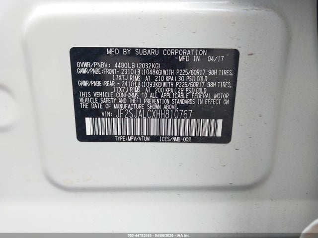 Aukcja sprzedaży 2017 Subaru Forester 2.5i Limited, vin: JF2SJALCXHH810767, numer aukcji: 44792868