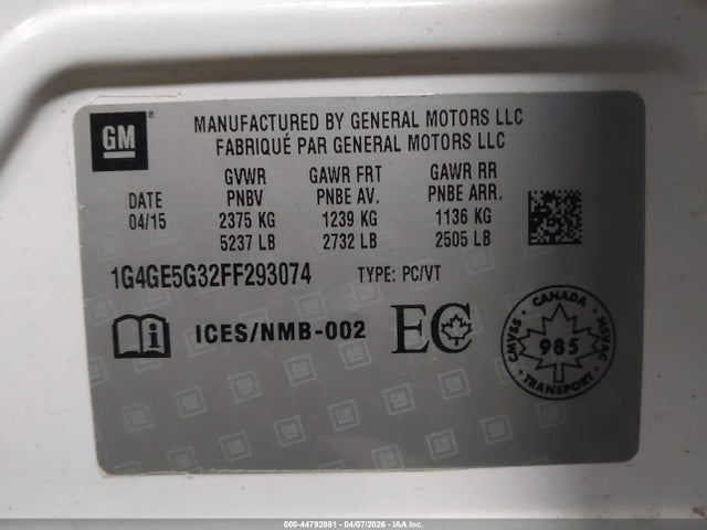 2015 Buick Lacrosse Premium I მანქანა იყიდება აუქციონზე, vin: 1G4GE5G32FF293074, აუქციონის ნომერი: 44792881