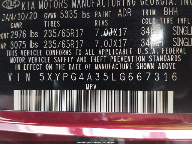 Aukcja sprzedaży 2020 Kia Sorento 2.4l Lx, vin: 5XYPG4A35LG667316, numer aukcji: 44792888