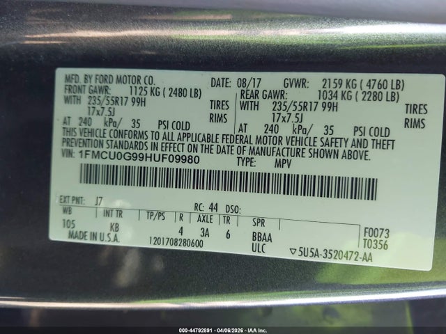 Aukcja sprzedaży 2017 Ford Escape Se, vin: 1FMCU0G99HUF09980, numer aukcji: 44792891