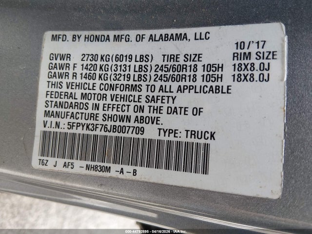 Продаж на аукціоні авто 2018 Honda Ridgeline Rtl-e, vin: 5FPYK3F76JB007709, номер лоту: 44792895