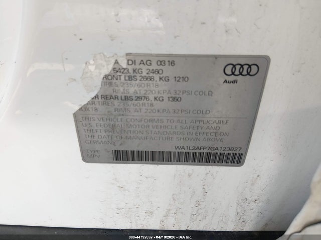Продаж на аукціоні авто 2016 Audi Q5 2.0t Premium, vin: WA1L2AFP7GA123827, номер лоту: 44792897