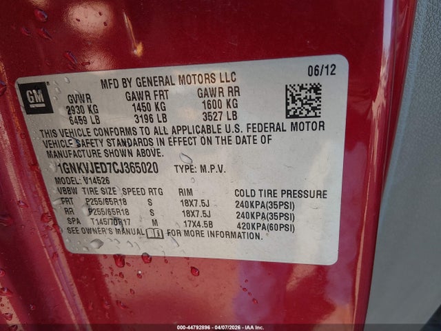 Продажа на аукционе авто 2012 Chevrolet Traverse 2lt, vin: 1GNKVJED7CJ365020, номер лота: 44792896