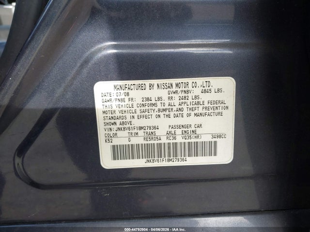 Aukcja sprzedaży 2008 Infiniti G35x, vin: JNKBV61F18M279364, numer aukcji: 44792904