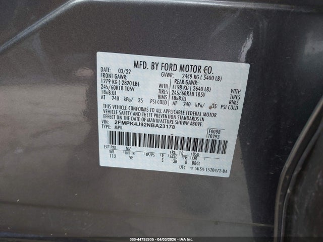 Aukcja sprzedaży 2022 Ford Edge Sel, vin: 2FMPK4J92NBA23178, numer aukcji: 44792905