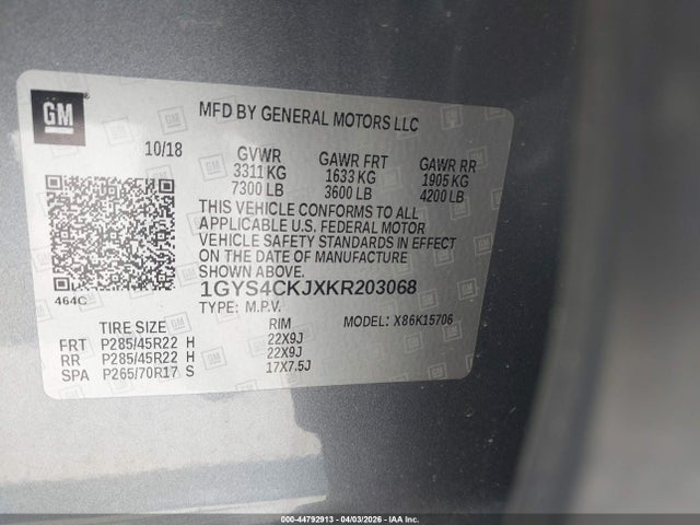 44792913 :رقم المزاد ، 1GYS4CKJXKR203068 vin ، 2019 Cadillac Escalade Premium Luxury مزاد بيع