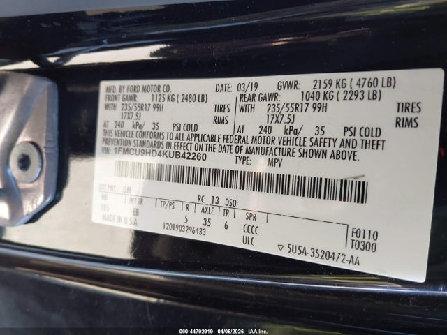 Продаж на аукціоні авто 2019 Ford Escape Sel, vin: 1FMCU9HD4KUB42260, номер лоту: 44792919