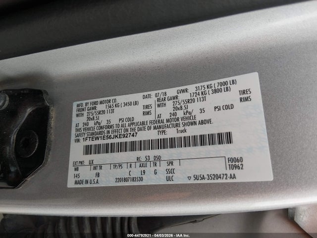 Продажа на аукционе авто 2018 Ford F-150 Xlt, vin: 1FTEW1E56JKE92747, номер лота: 44792921