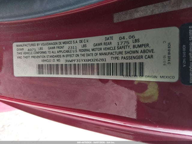 Aukcja sprzedaży 2006 Volkswagen New Beetle 2.5/2.5 (a6), vin: 3VWPF31YX6M326281, numer aukcji: 44792926