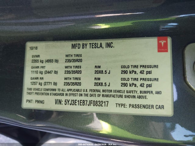 Продажа на аукционе авто 2018 Tesla Model 3 Long Range/performance, vin: 5YJ3E1EB7JF083217, номер лота: 44792935