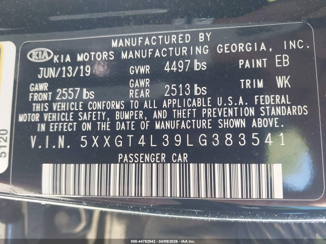 44792942 :رقم المزاد ، 5XXGT4L39LG383541 vin ، 2020 Kia Optima Lx مزاد بيع