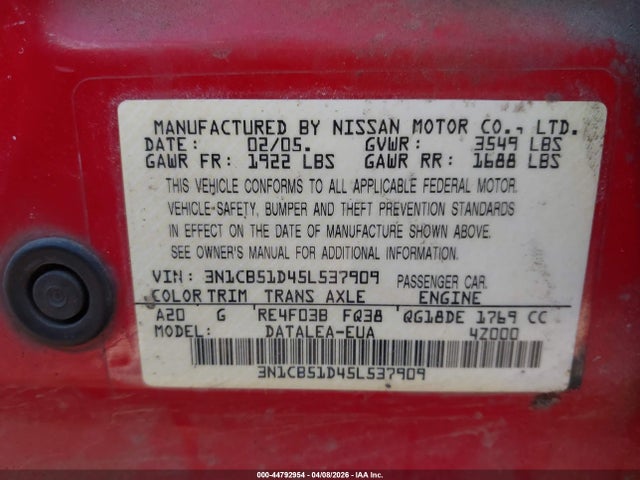 Aukcja sprzedaży 2005 Nissan Sentra 1.8s, vin: 3N1CB51D45L537909, numer aukcji: 44792954