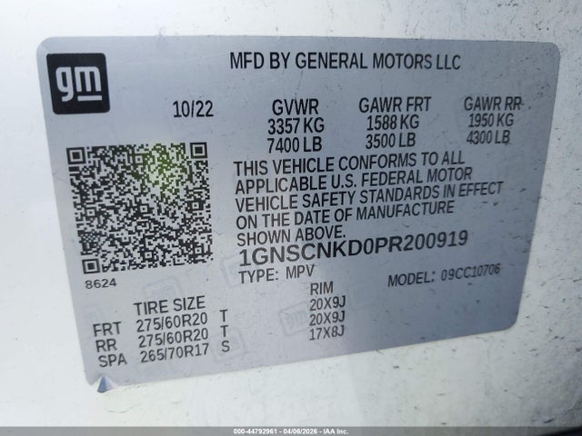 Продажа на аукционе авто 2023 Chevrolet Tahoe 2wd Lt, vin: 1GNSCNKD0PR200919, номер лота: 44792961