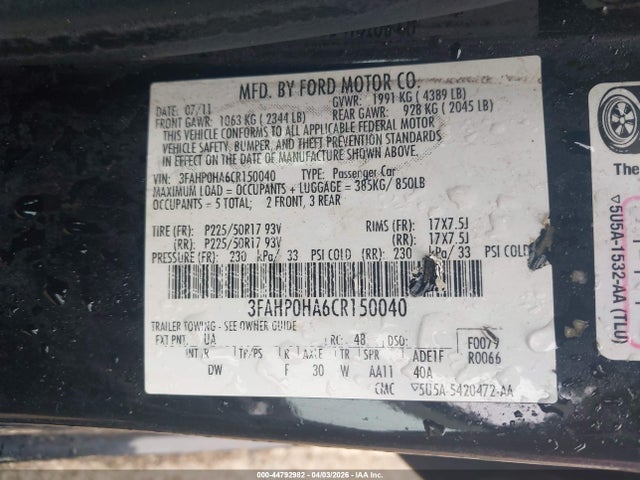 Aukcja sprzedaży 2012 Ford Fusion Se, vin: 3FAHP0HA6CR150040, numer aukcji: 44792982