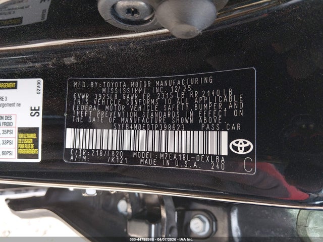 Aukcja sprzedaży 2026 Toyota Corolla Le, vin: 5YFB4MDE0TP398623, numer aukcji: 44792988