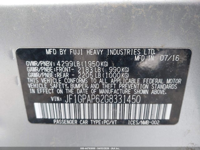44793000 :رقم المزاد ، JF1GPAP62G8331450 vin ، 2016 Subaru Impreza 2.0i Sport Premium مزاد بيع