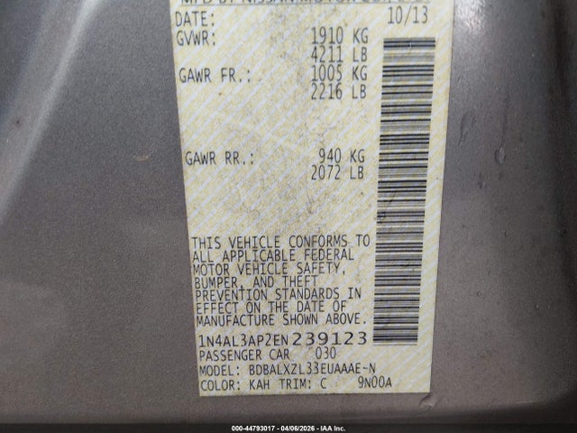 Aukcja sprzedaży 2014 Nissan Altima 2.5 Sl, vin: 1N4AL3AP2EN239123, numer aukcji: 44793017