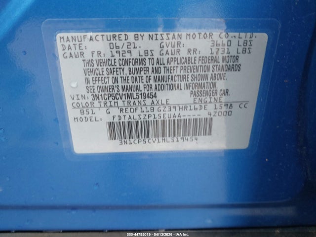 3N1CP5CV1ML519454 Nissan Kicks Sv Xtronic Cvt