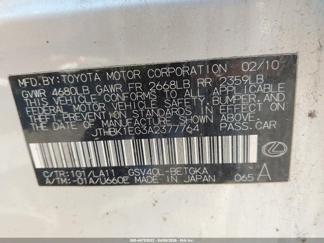 Продаж на аукціоні авто 2010 Lexus Es 350, vin: JTHBK1EG3A2377764, номер лоту: 44793022