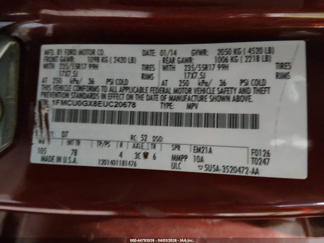 1FMCU0GX8EUC20678 Ford ESCAPE SE