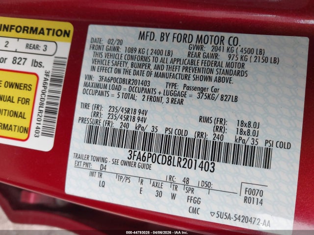 Продажа на аукционе авто 2020 Ford Fusion Sel, vin: 3FA6P0CD8LR201403, номер лота: 44793028
