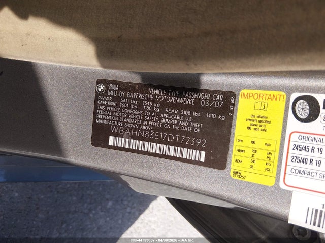 44793037 :رقم المزاد ، WBAHN83517DT72392 vin ، 2007 Bmw 750li مزاد بيع