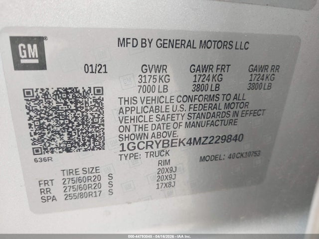 Aukcja sprzedaży 2021 Chevrolet Silverado 1500 4wd  Standard Bed Custom, vin: 1GCRYBEK4MZ229840, numer aukcji: 44793045