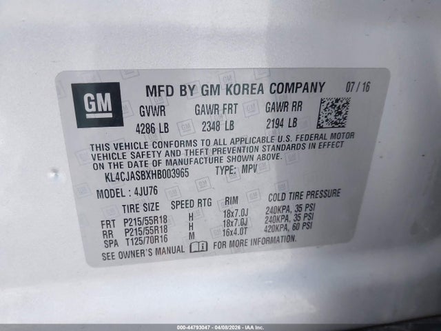 2017 Buick Encore Preferred მანქანა იყიდება აუქციონზე, vin: KL4CJASBXHB003965, აუქციონის ნომერი: 44793047