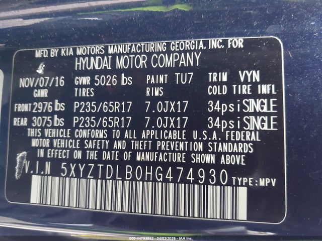 5XYZTDLB0HG474930 Hyundai Santa Fe Sport 2.4l