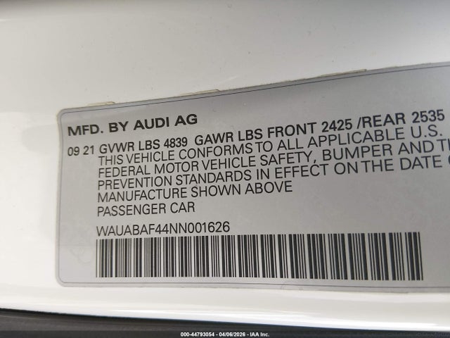 Продажа на аукционе авто 2022 Audi A4 Premium 40 Tfsi Quattro S Tronic, vin: WAUABAF44NN001626, номер лота: 44793054
