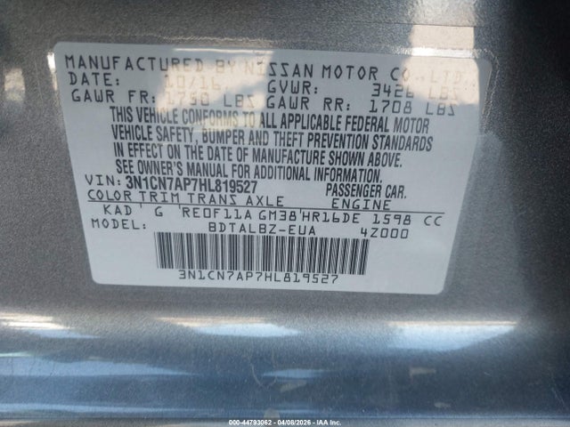 3N1CN7AP7HL819527 Nissan Versa 1.6 Sv