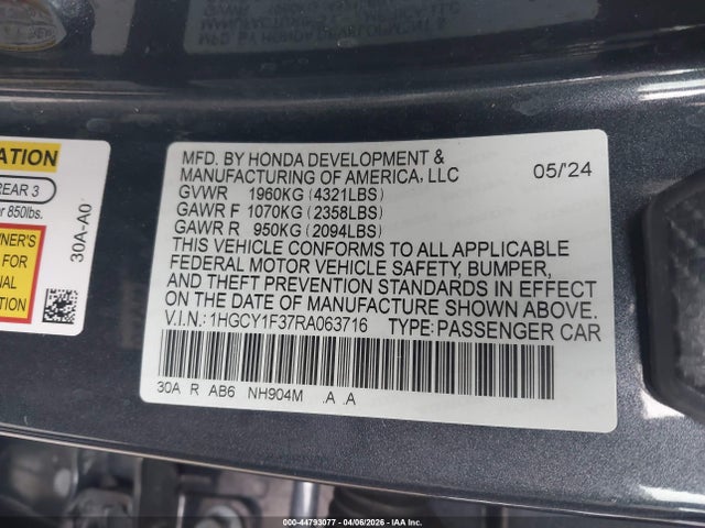 2024 Honda Accord Ex მანქანა იყიდება აუქციონზე, vin: 1HGCY1F37RA063716, აუქციონის ნომერი: 44793077