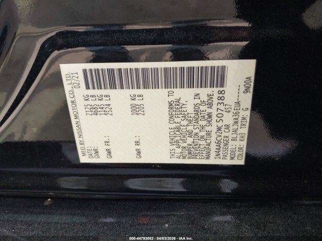 44793082 :رقم المزاد ، 1N4AA6CV2MC507388 vin ، 2021 Nissan Maxima Sv Xtronic Cvt مزاد بيع