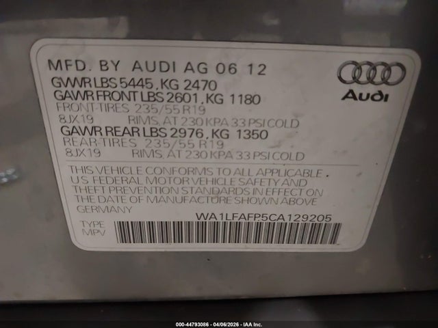44793086 :رقم المزاد ، WA1LFAFP5CA129205 vin ، 2012 Audi Q5 2.0t Premium مزاد بيع