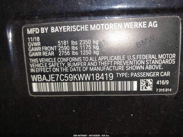 Aukcja sprzedaży 2019 Bmw 540i Xdrive, vin: WBAJE7C59KWW18419, numer aukcji: 44793087