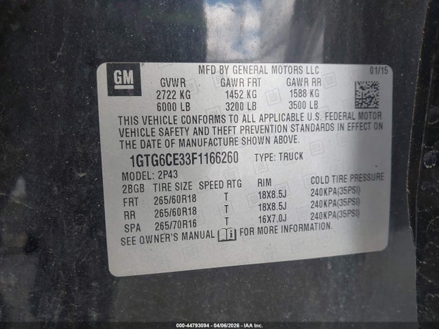 2015 Gmc Canyon Slt მანქანა იყიდება აუქციონზე, vin: 1GTG6CE33F1166260, აუქციონის ნომერი: 44793094