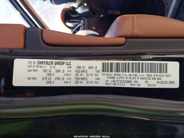 44793100 :رقم المزاد ، 1C4RJFCT6CC246809 vin ، 2012 Jeep Grand Cherokee Overland مزاد بيع