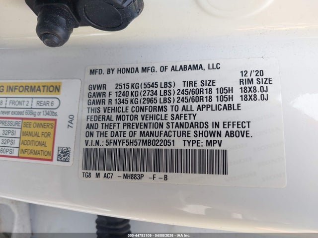 Продаж на аукціоні авто 2021 Honda Pilot 2wd Ex-l, vin: 5FNYF5H57MB022051, номер лоту: 44793109